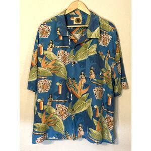 Pusser's West Indies Hawaiian Shirt Floral Hula Girl Cards Short Sleeve XL Silk
